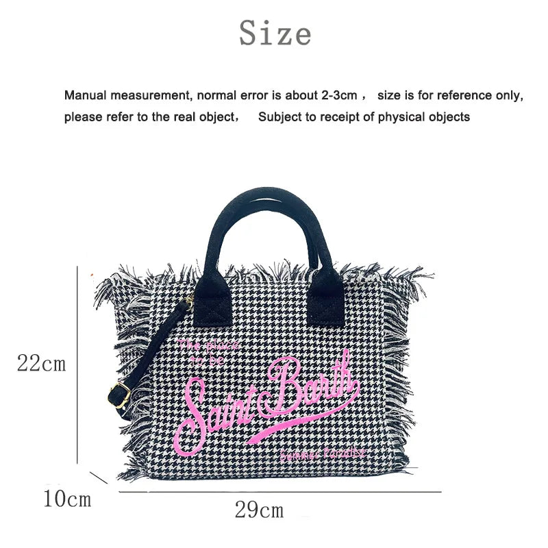 SAINT BARTH Houndstooth Crossbody Bag – Small Cotton Linen Handmade Tote with Tassels for Women