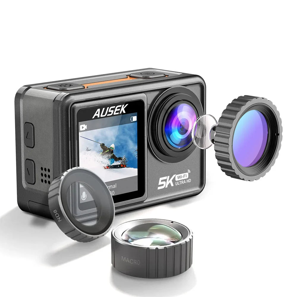 AUSEK S81TRW 5K Action Camera – 4K60FPS, 48MP, EIS, 5X Zoom, 1080P Webcam, Wi-Fi Vlog Sports Cam with Remote & Optional Filters