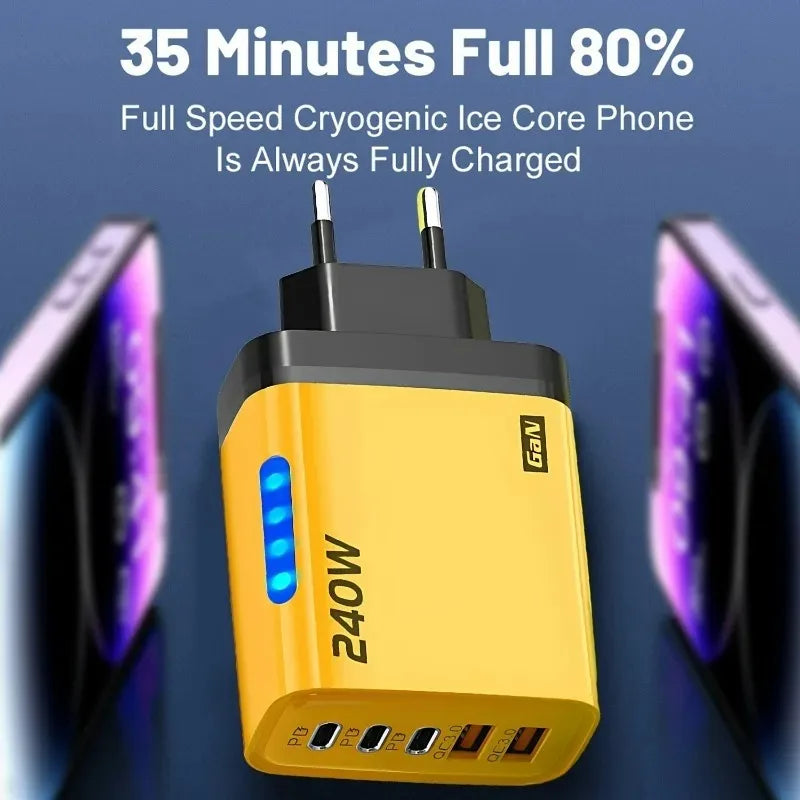 240W 5-in-1 GaN Fast Desktop Charger – USB-C Quick Charge 3.0 Adapter for iPhone Samsung Huawei