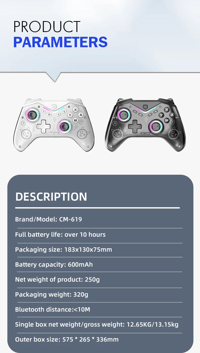 CM-619 Wireless Game Controller — Dual Motor, Dazzling Light, Compatible with iOS, Android & PC