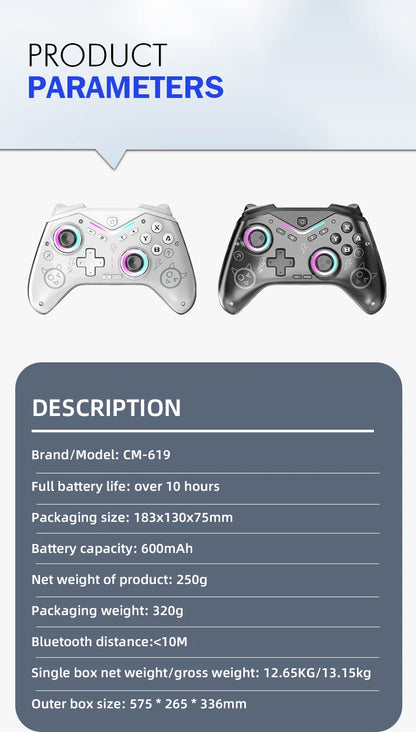 CM-619 Wireless Game Controller — Dual Motor, Dazzling Light, Compatible with iOS, Android & PC