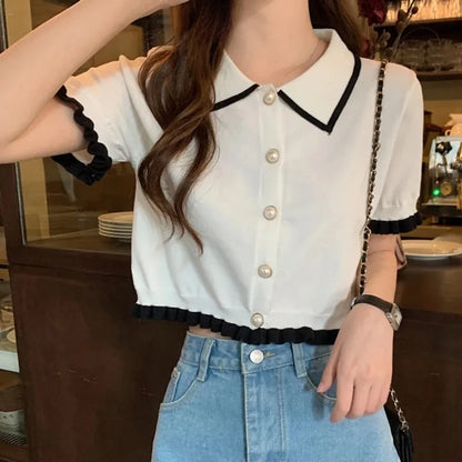 Women’s Summer Knitted Blouse — Chic Retro Slim Short Sleeve Crop Top, All-Match Style