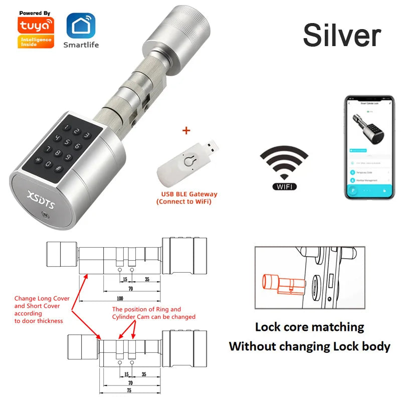 Tuya App Fingerprint Cylinder Smart Door Lock – Electronic Keypad, Key Card & Remote Control for Home & Apartment