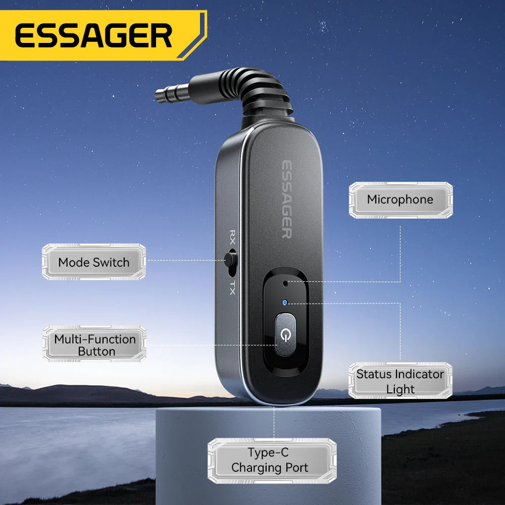 Essager Bluetooth 5.1 Audio Receiver & Transmitter – 3.5mm AUX Wireless Adapter with Mic for PC, TV, Car & Speakers