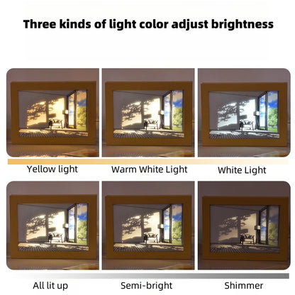 LED Light Painting Wall Art Lamp – Wooden Sunlight Window Dimmable Indoor Night Light Home Decor Table & Bedroom Lighting
