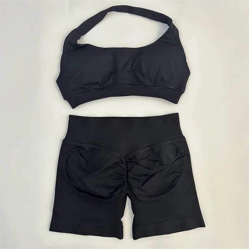 2PCS Seamless Yoga Workout Set – Scrunch Shorts & Halter Sports Bra Gym Fitness Outfit