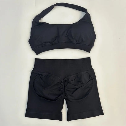 2PCS Seamless Yoga Workout Set – Scrunch Shorts & Halter Sports Bra Gym Fitness Outfit