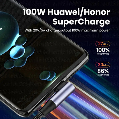 100W PD Fast Charging Cable – USB-A to USB-C 4.0 Right Angle 90° Data Cable for Laptop & Mobile Phone