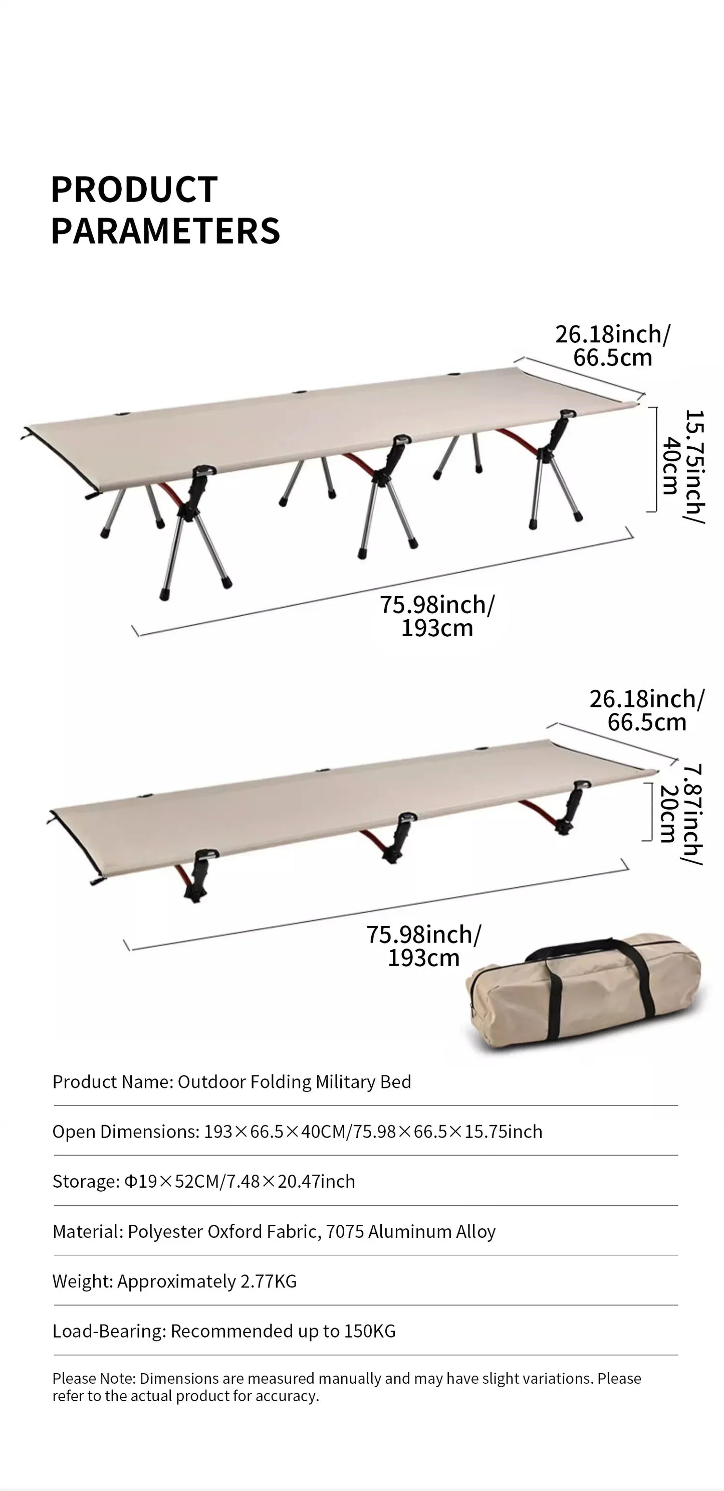 Portable Camping Cot – Lightweight Collapsible Sleeping Bed for Hiking, Backpacking & Outdoor Use, Foldable Single Tent Bed
