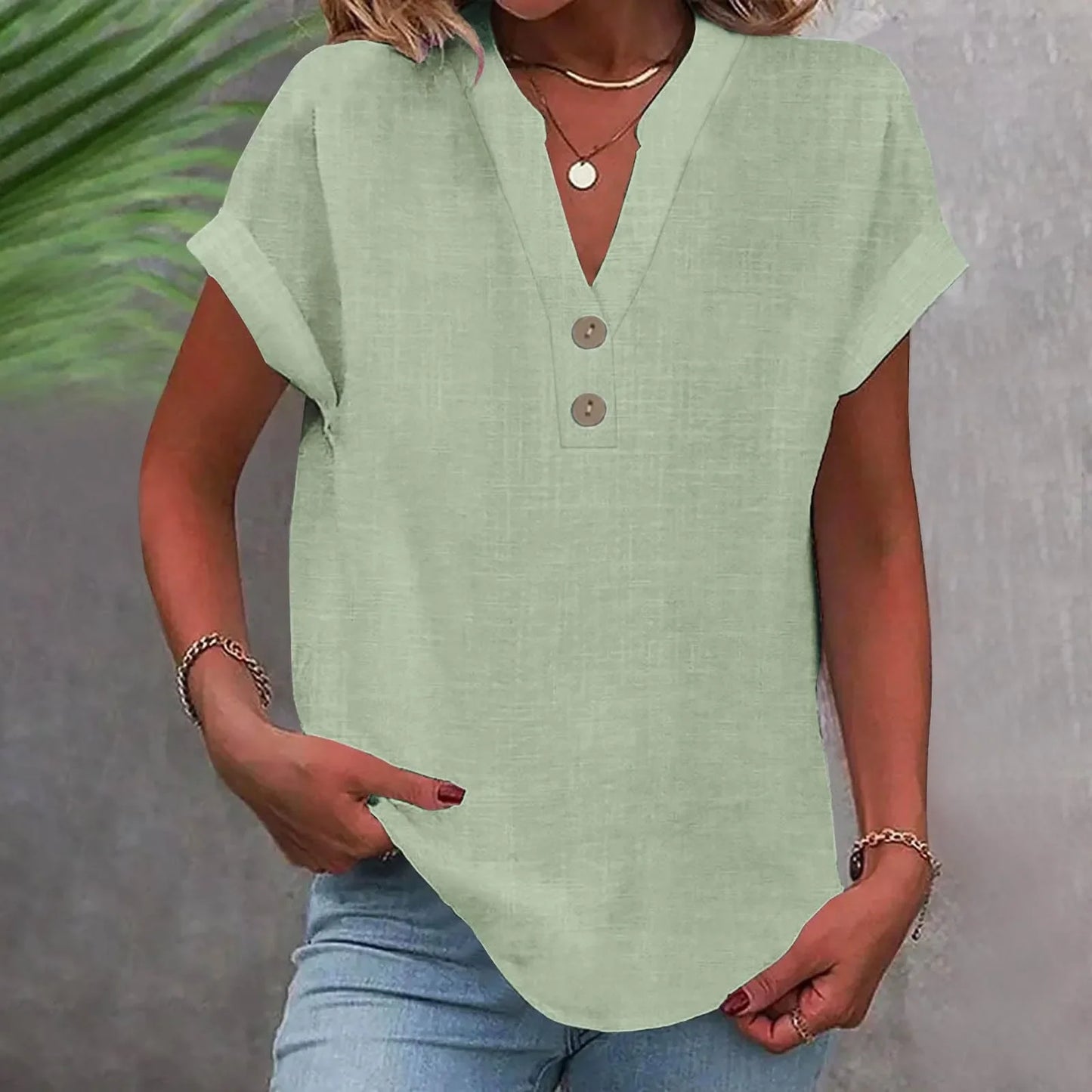 Women’s Cotton Linen Button-Down V-Neck Shirt – Breathable Solid Color Summer Office Casual Top 2025
