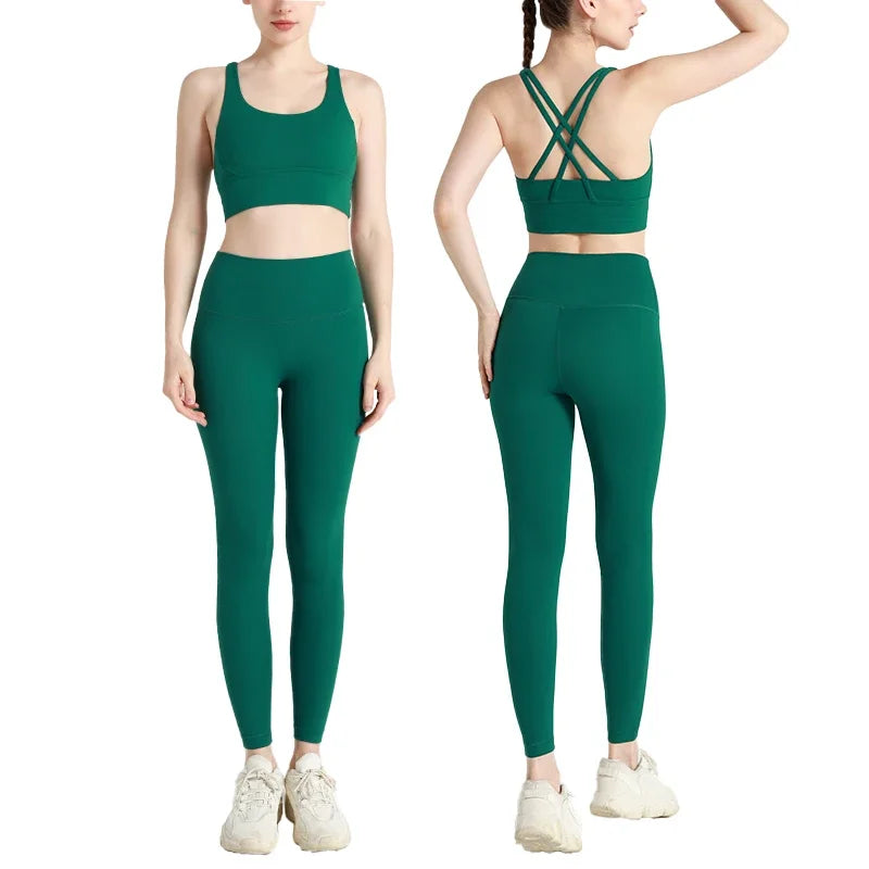 Summer 2 Piece Women's Yoga Tracksuit - Cross-Back Nylon Top and Leggings Athletic Set for Pilates and Fitness