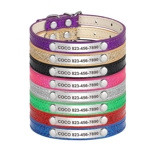Personalized Cat Collar — Bling PU Leather Adjustable Collar with Custom ID Necklace for Cats, Kittens & Small Dogs