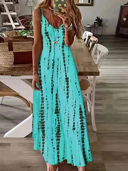 Women’s Casual Tie-Dye Maxi Dress – Loose V-Neck Spaghetti Strap Summer Beach & Vacation Long Dress