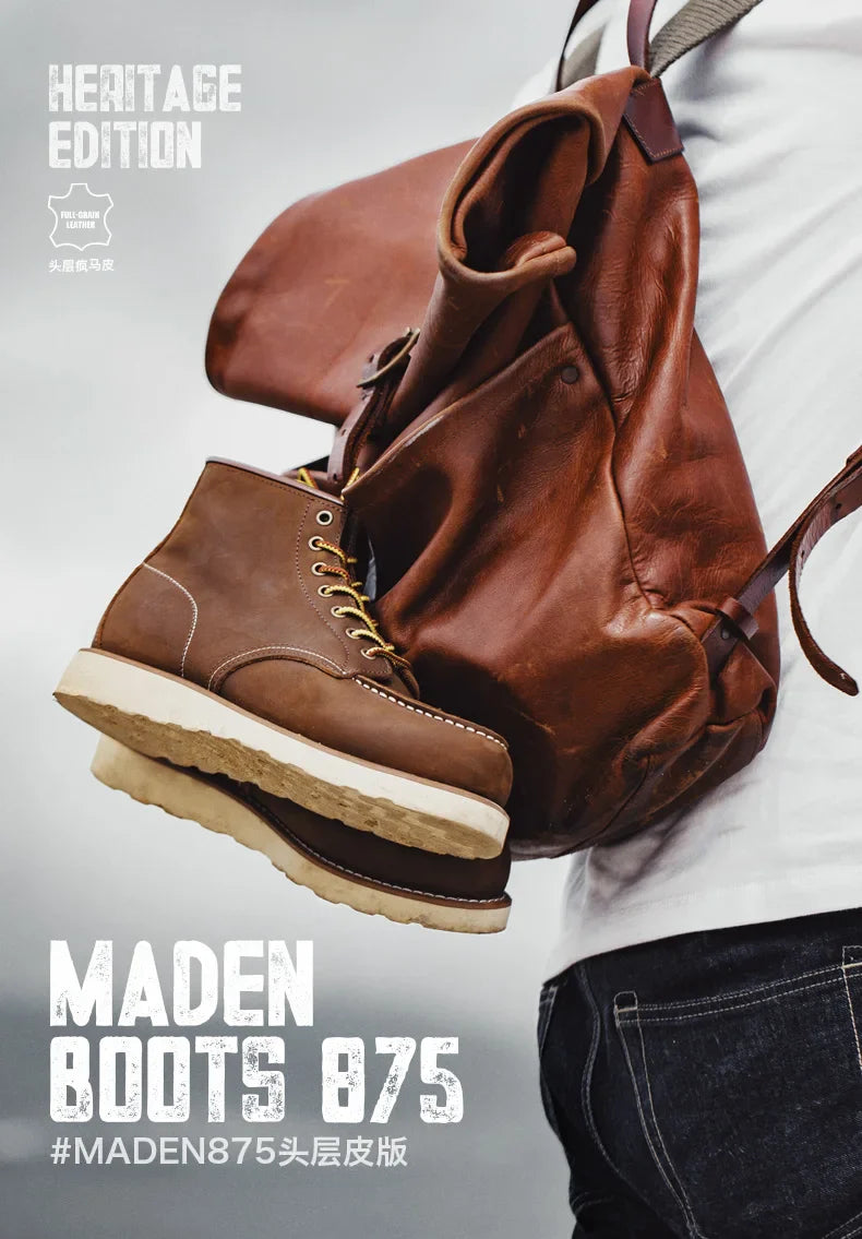 Maden Vintage 875 Ankle Boots – Durable Leather High-Top Cowboy & Safety Work Boots for Men, Winter Round Toe