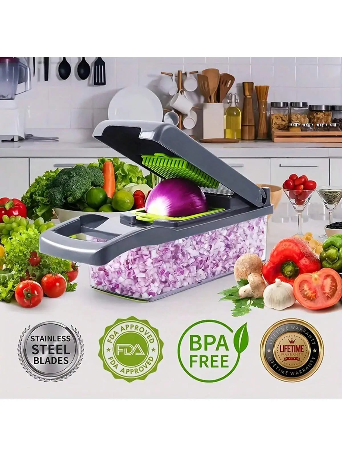 Multifunctional 14/16-in-1 Vegetable Chopper – Kitchen Food Grater, Slicer & Dicer with Handle