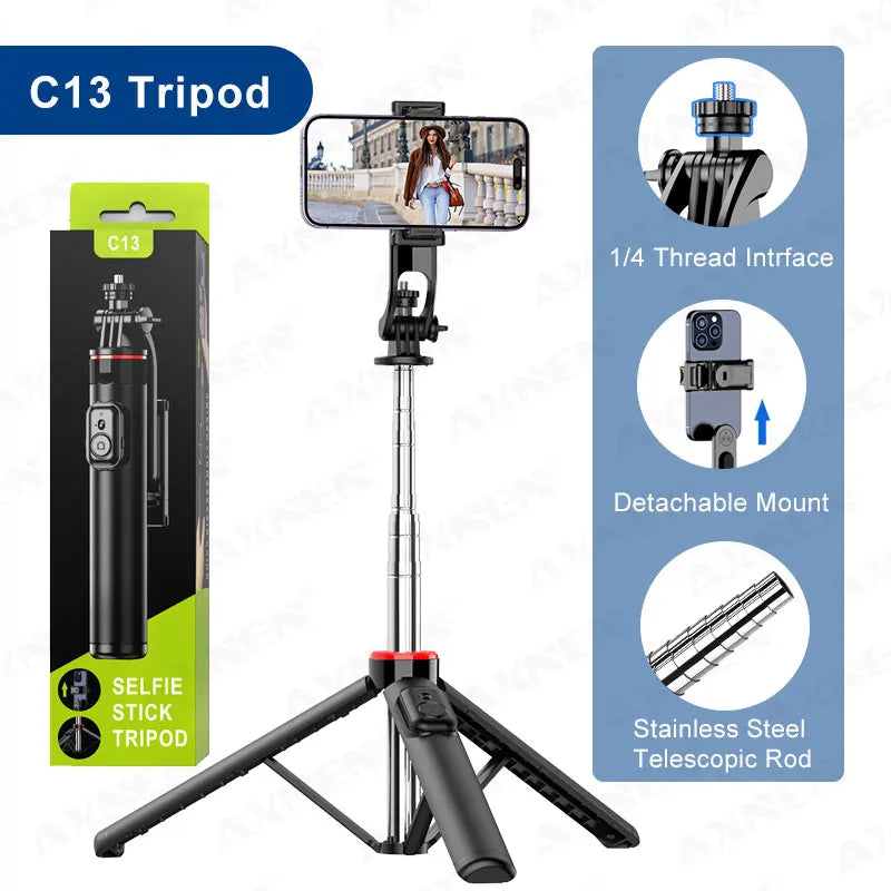 AXNEN Mobile Phone Tripod C12/C13 – 1325mm Stand for Cellphone & GoPro, with Wireless Bluetooth Remote for Live Streaming