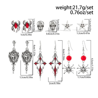 Halloween Crystal Skull Spider Drop Earrings - Gothic Red Crystal Cross and Rose Metal Earrings for Women