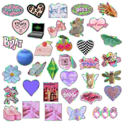 50PCS Y2K Pink Girl Stickers - Cute Laser Decals for Laptops, Phones, Suitcases & Scrapbooks