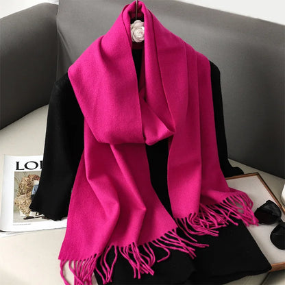 62-Color Solid Women’s Winter Scarf — Thick Warm Cashmere Pashmina Shawl with Tassels, Outdoor Luxury Wrap, Windproof Fashion Scarf