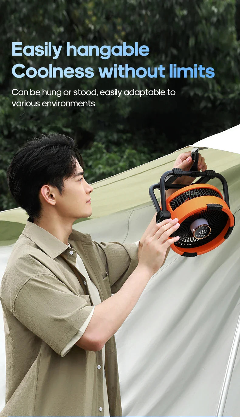 KINSCOTER 6-in-1 Portable Camping Fan — 20000mAh Rechargeable Outdoor Fan with 4 Speeds, Hook & LED Light