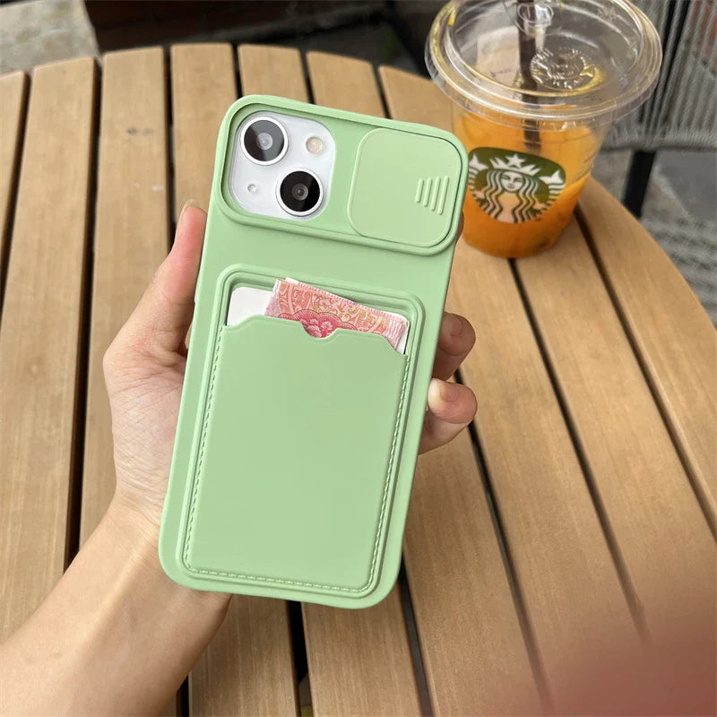 Slide Camera Protection Wallet Phone Case for iPhone – Soft Silicone Card Holder Cover for iPhone 16/15/14/13/12/11 Pro Max, XR, XS Max, 8 Plus Safety Case