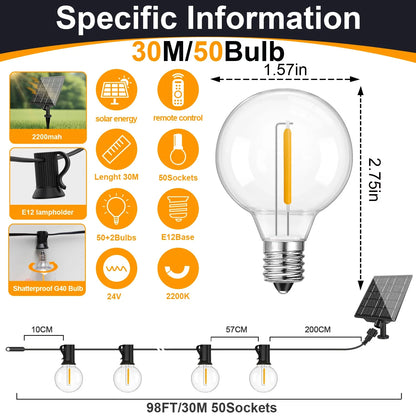 Solar LED G40 Globe String Lights – Waterproof Shatterproof Outdoor Hanging Lights for Backyard & Bistro Decoration