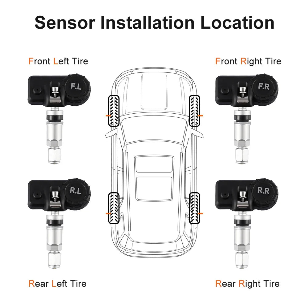 Solar Car TPMS Tire Pressure Monitoring System – 4 External Sensors with Temperature Alarm for Tyre Safety