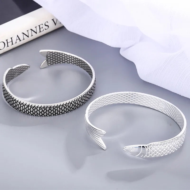 925 Sterling Silver Dragon Bracelet — Creative Lucky Fortune Fish Bangle TYB110