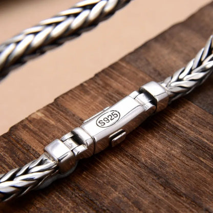 100% S925 Sterling Silver Handmade Woven Bracelet — Retro Domineering Style for Men & Women, Pure Silver Jewelry