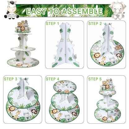Jungle Animals Safari Cupcake Stand - Baby Shower & Birthday Party Decorations - Cupcake Holder for Kids Wild One Party Supplies