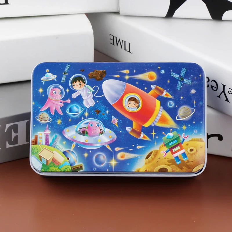 60PCS Cartoon Jigsaw Puzzle with Metal Box – Kids Educational Animal & Vehicle Puzzle Game