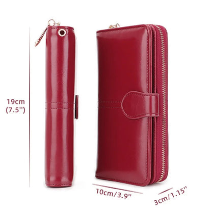 Bright Wax Leather Long Wallet – Multi-Card Holder with Wristband & Card Pouch