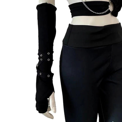 Women’s Punk Rivet Fingerless Gloves – Gothic Hip Hop Half Finger Wrist Mittens with Eyelet Ribbon, Harajuku Party & Streetwear Elbow Gloves