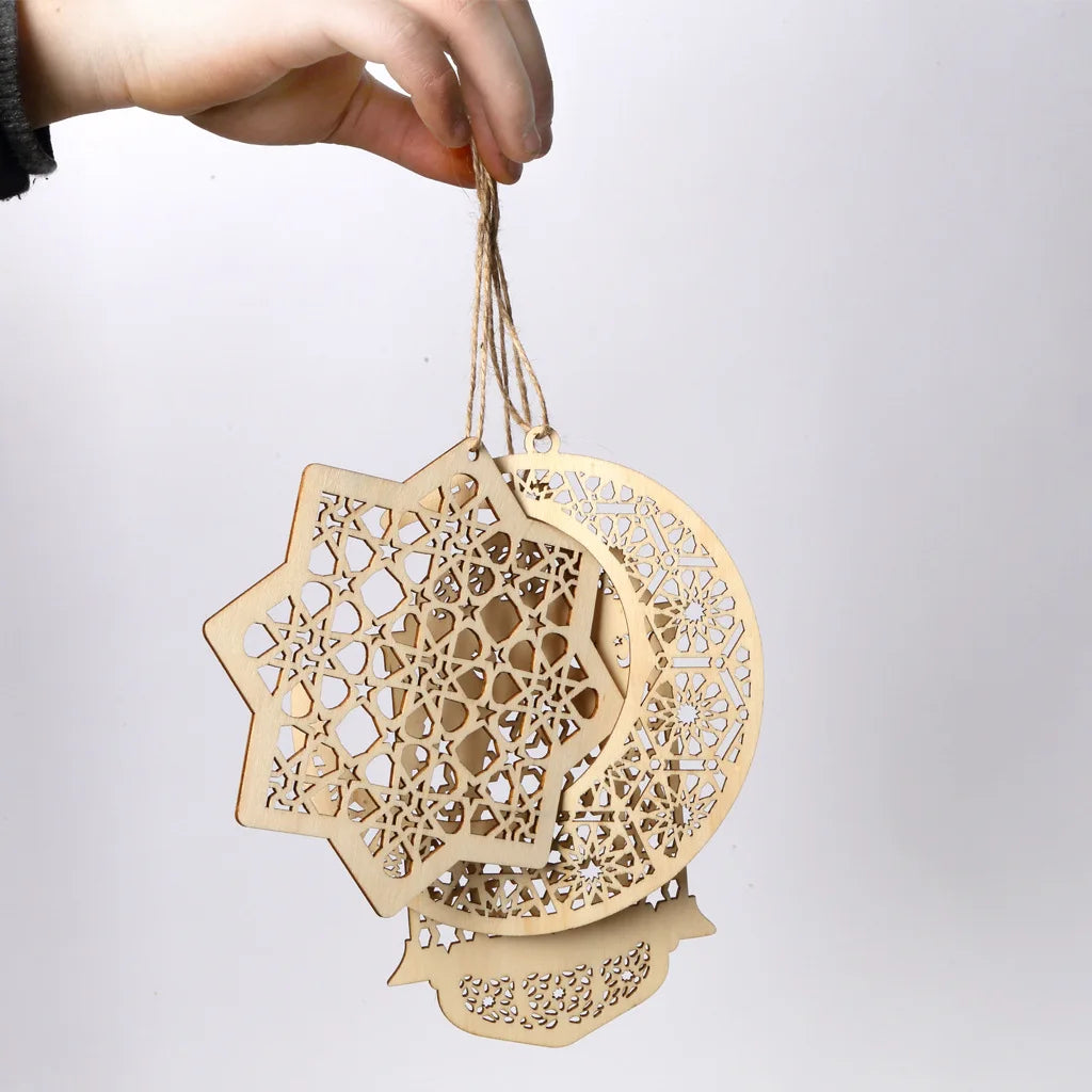 3Pcs Eid Mubarak Wooden Hanging Star Moon Pendants - DIY Ornament for Ramadan Kareem Home Decor and Gifts