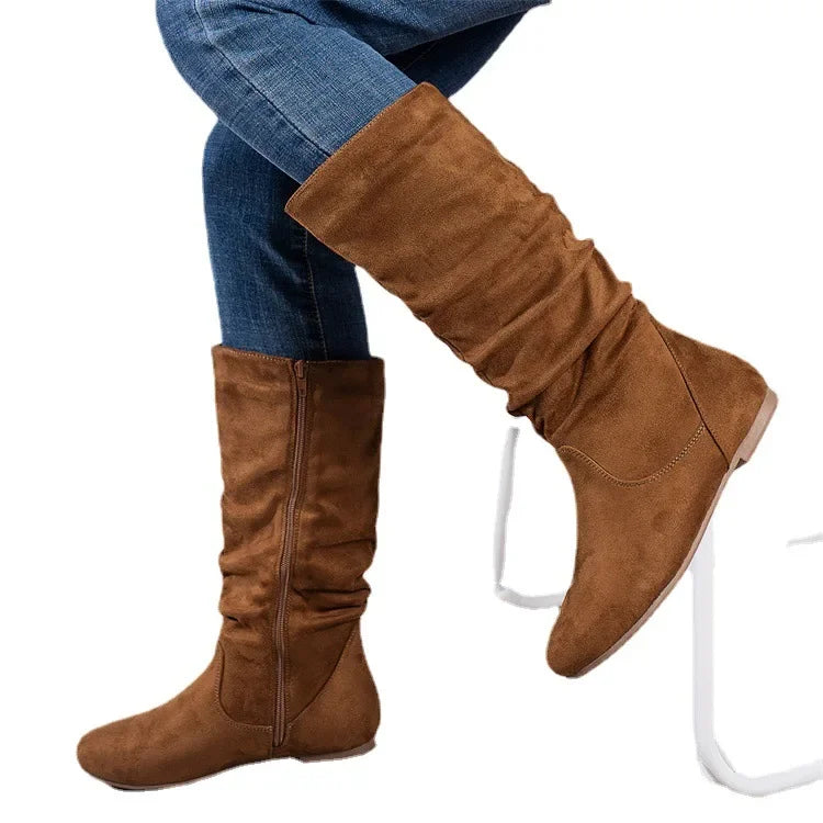 Women’s High-Top Casual Boots – Folded Zipper, Flat Bottom, Alligator Patterned Comfortable Footwear
