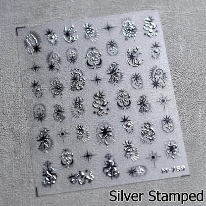 5D Gold Stamped Nail Art Stickers - Silver Sun Stars Snake Chinese Style Self-Adhesive Manicure Decals