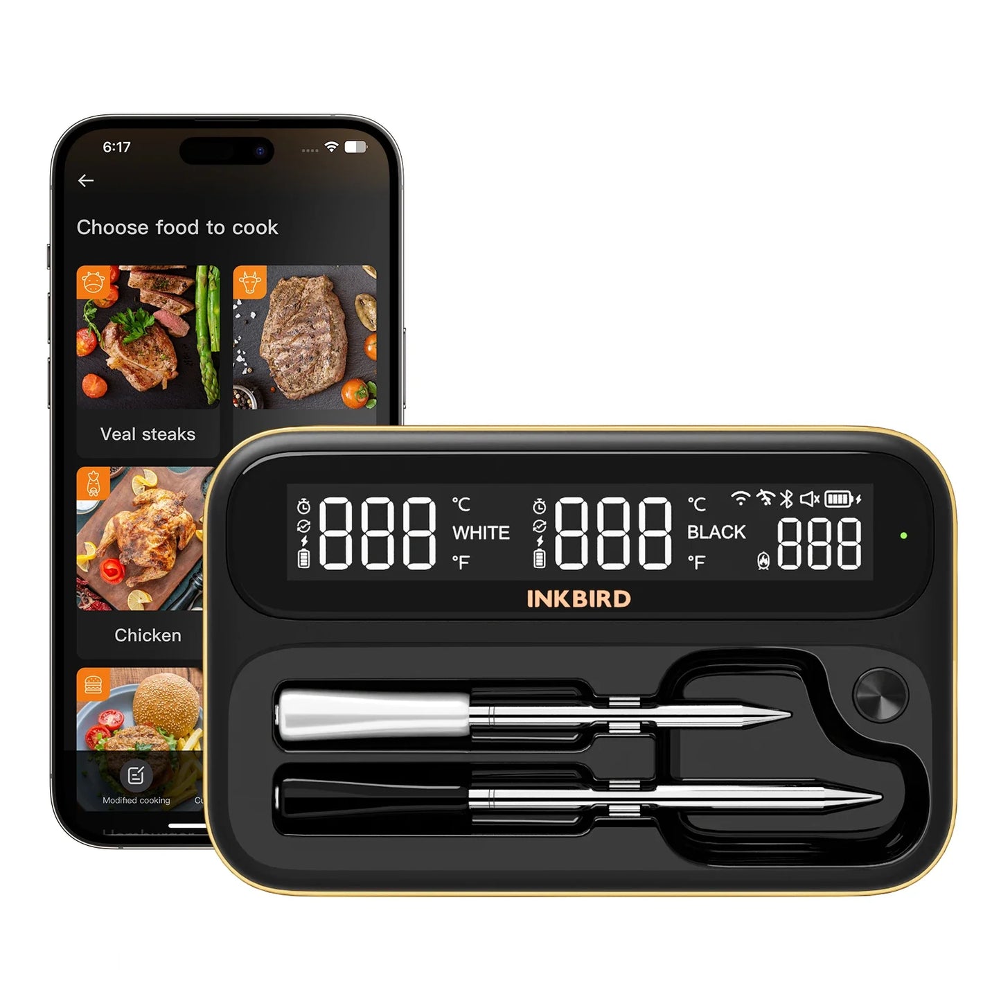 INKBIRD Dual-Mode Wireless Meat Thermometer – Long & Short Probe, Backlit LCD, IP67 Waterproof with BBQ Alarm