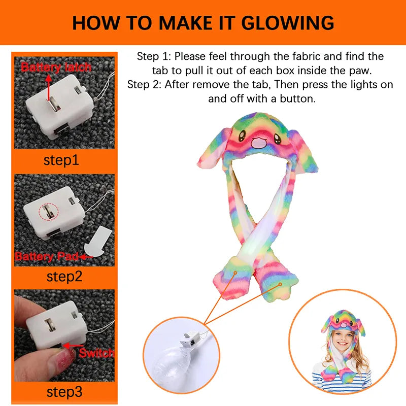 LED Glowing Bunny Ear Moving Hat - Cute Animal Cap with Luminous Jumping Plush Ears for Kids' Funny Cosplay Parties