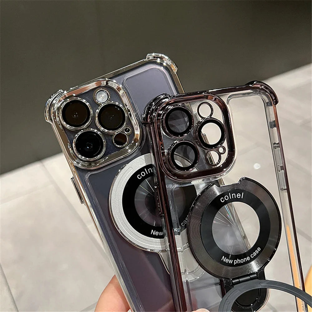 Luxury Plated Shockproof Magnetic Bracket for MagSafe – Clear Case with Stand Holder for iPhone 15, 16, 14, 13, 12, 11 Pro Max