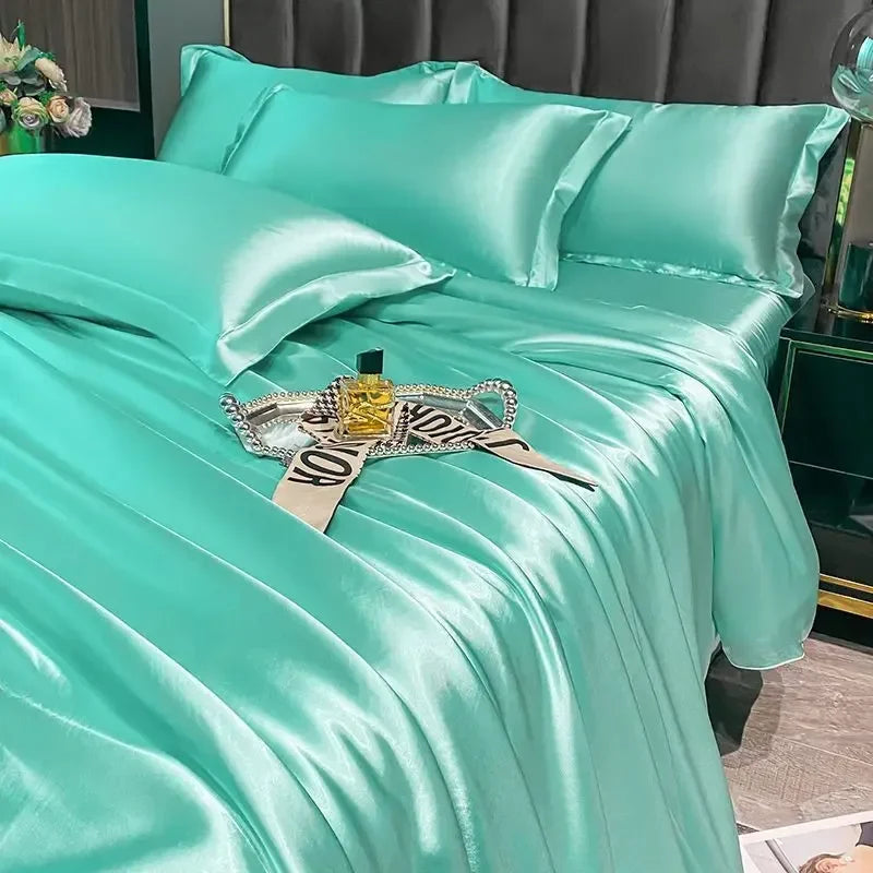 Nordic Silk Bedding Set With Duvet Cover - Luxury Solid Color Bed Sheet & Pillowcase Set For Single Double Couple Summer Bed Linen