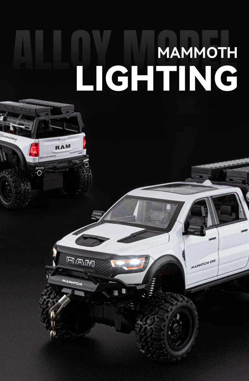1:24 Dodge Mammoth RAM 1000 TRX 6x6 Diecast Model – Metal Alloy Pickup Toy Car with Lights for Kids & Collectors