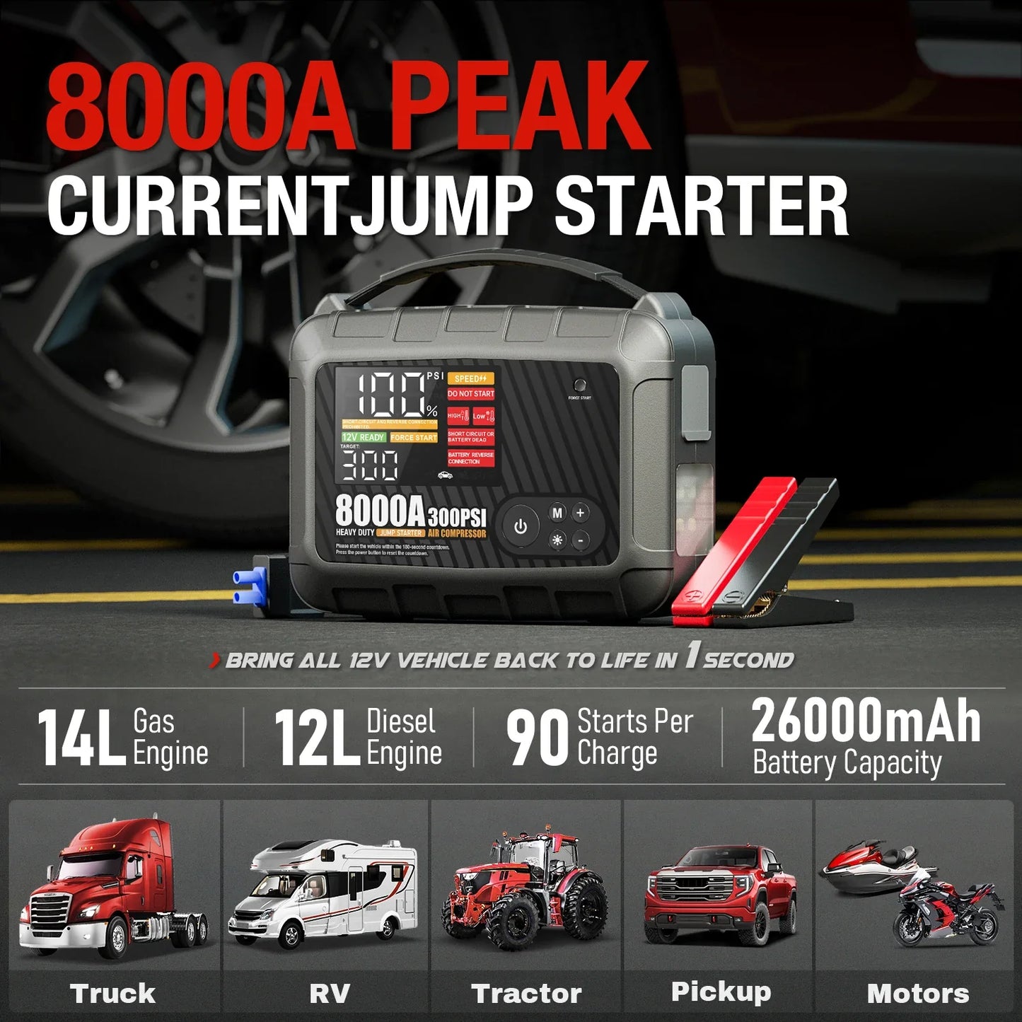 8000A Heavy Duty Car Jump Starter - 12V Powerful Battery Booster Starting Device for Vehicles