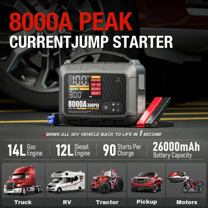 8000A Heavy Duty Car Jump Starter - 12V Powerful Battery Booster Starting Device for Vehicles