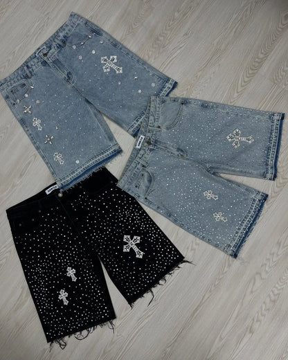 Streetwear Vintage Rhinestone Denim Shorts – Y2K Washed Baggy Casual Over-the-Knee Shorts for Men & Women
