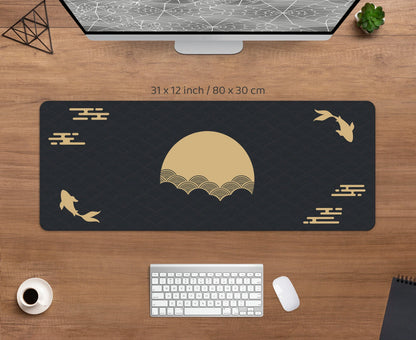 Japanese Black & Gold Desk Mat – Koi Fish, Sun, Cloud, and Seal Art XXL Mouse Pad for Gaming, Sunrise & Sunset Design