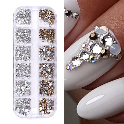 12-Grid 3D Glass AB Crystal Nail Art Rhinestones Kit – Flatback Round Beads with Tools for Nail Jewelry & Diamond Decoration
