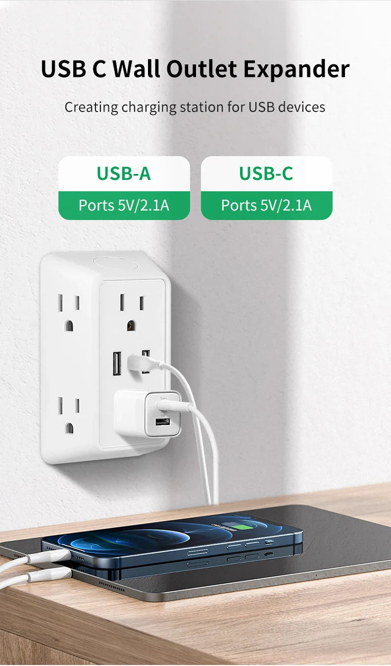 9-in-1 Power Strip – 2 USB Sockets, 1 Type-C Socket, 6 AC Sockets, Compact Wall Plug Power Expander