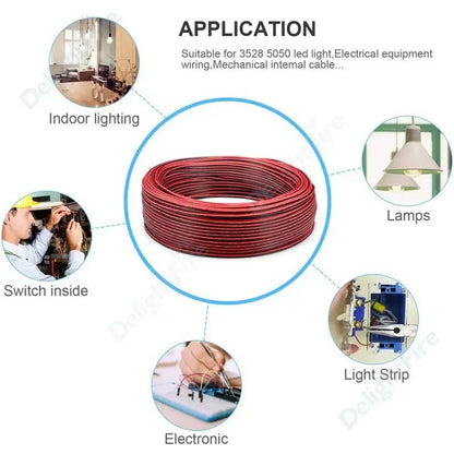 2-PIN Electrical Wire – Tinned Copper PVC Insulated Red & Black Cable for LED Strip Light Extension, 18/26/28 AWG