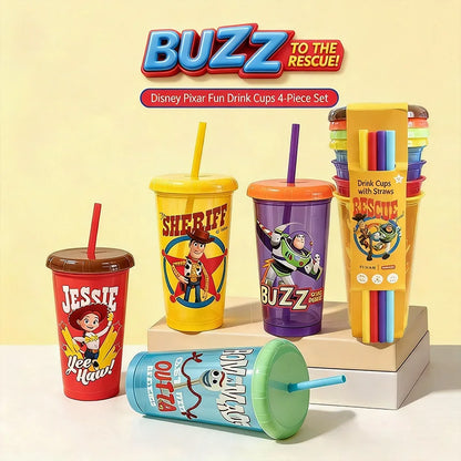 Toy Story 4-Pack Straw Cups - Reusable BPA-Free Cartoon Plastic Drinking Cups