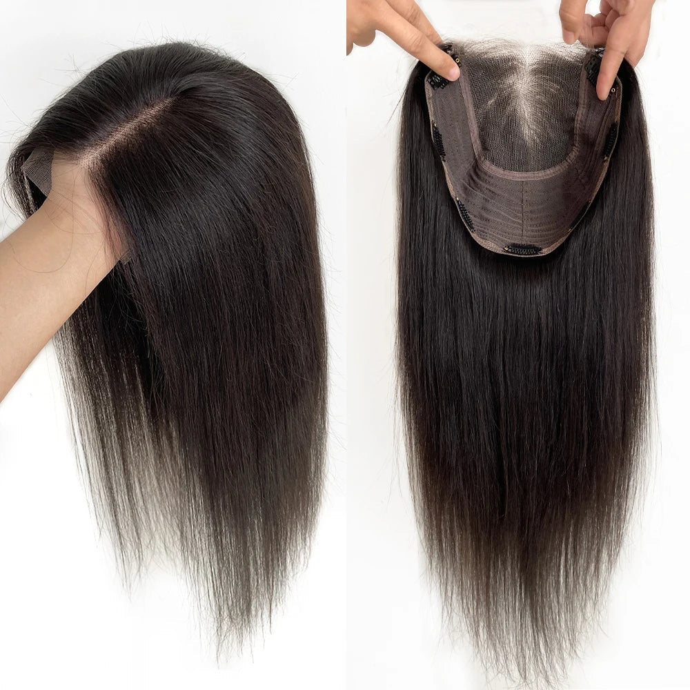 Virgin Human Hair 8x8 Inch Wefted Topper – 4x4 Inch HD Lace Base, Natural Black & Brown Hair Clips, Hairpiece for Women